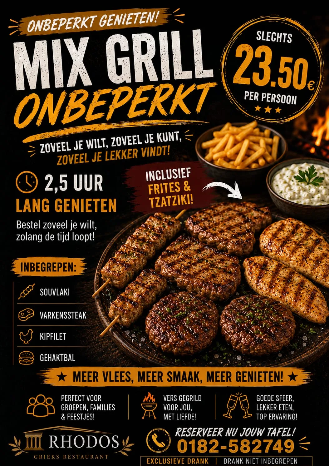 Flyer van de Mix Grill Onbeperkt actie bij Restaurant Rhodos Gouda
